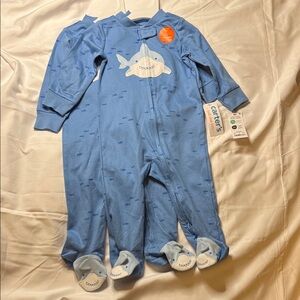 Pair of Carter's Blue Shark Print Kids Footies